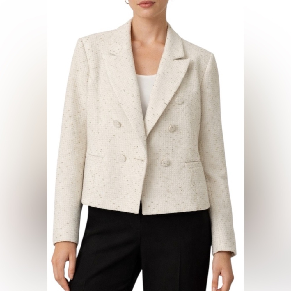 Calligraphie Cropped Double-Breasted Cream Tweed Blazer